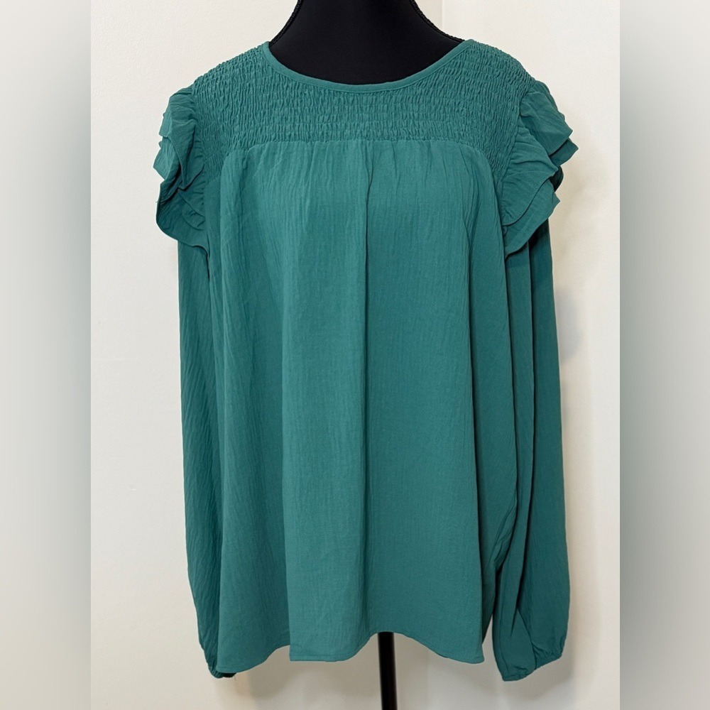 ODDI Teal Green Smocked Ruffle Shoulder Blouse Long Sleeve Top‎ IT14262 New L